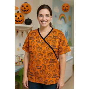 Disney Halloween Scrub Top XL Cheshire Cat Trick or Treat V-Neck Nurse Shirt